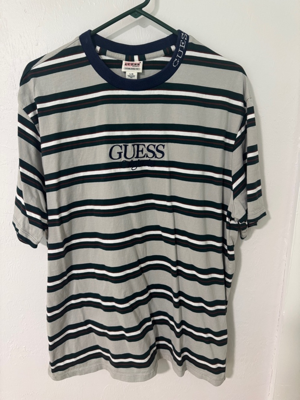 Guess Striped Crewneck Tee in Navy, Gray & Green
